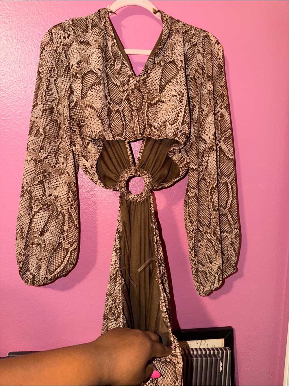 Snake Print Cutout Maxi Dress - Brown & Cream